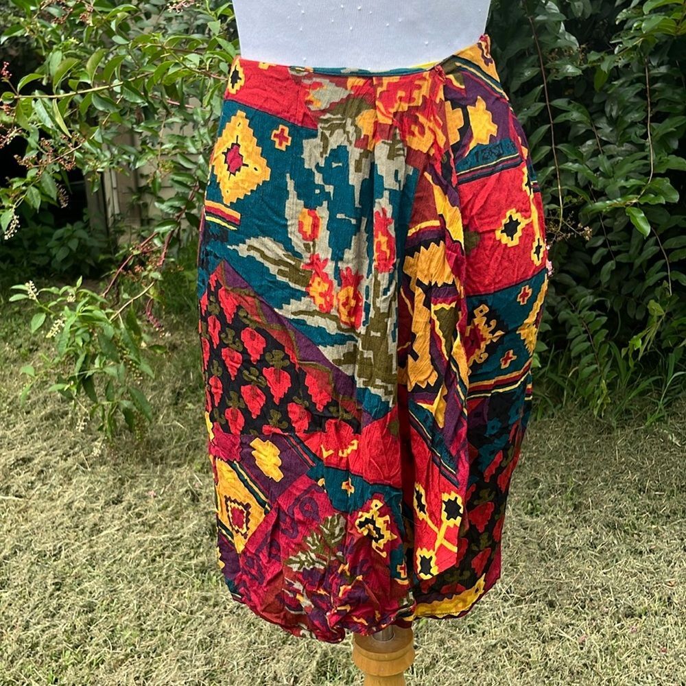 Vintage Carole Little Petites Native Patchwork Print Mini Faux Wrap Skirt Sz 4!